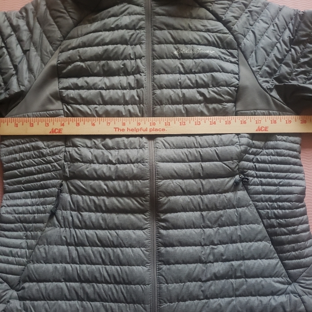 Women's Large Eddie Bauer Down Coat BROKEN ZIPPER Grey Hooded Jacket - Picture 11 of 16